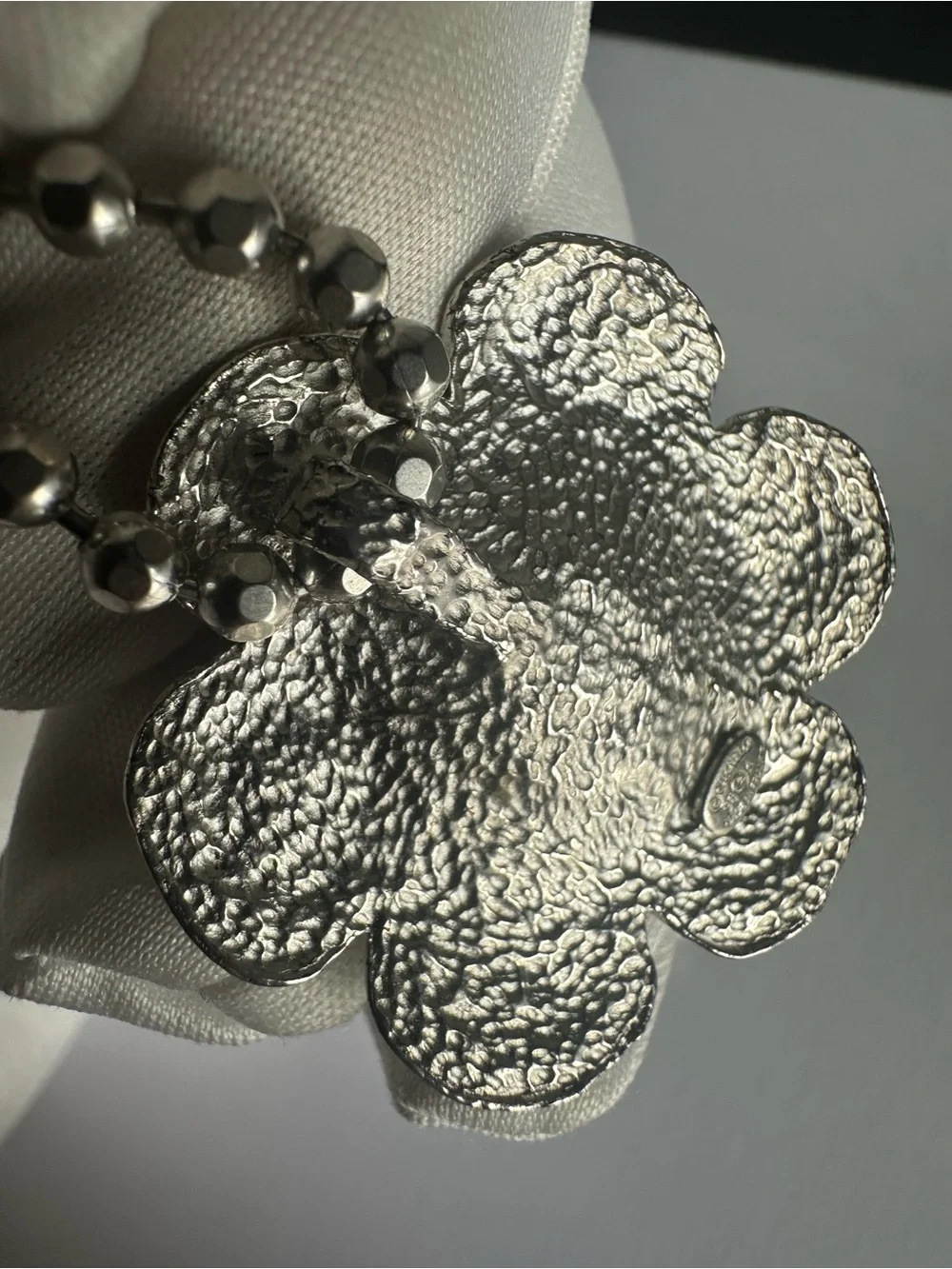 Vintage CHANEL 98A Silver Quilted Camellia CC Necklace 16” Box